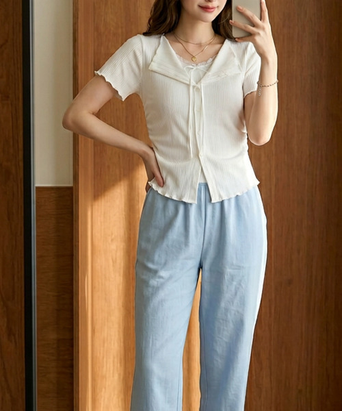 VIVID LADY(ビビッドレディー)の「キャミドッキング カーディガン風トップス(Tシャツ/カットソー・レディース・グレー/ライトブルー/ブラック/アイボリー・FREE)」の9枚目の写真