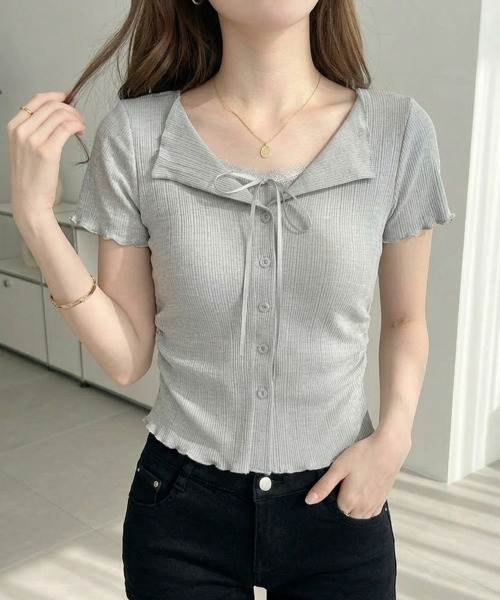VIVID LADY(ビビッドレディー)の「キャミドッキング カーディガン風トップス(Tシャツ/カットソー・レディース・グレー/ライトブルー/ブラック/アイボリー・FREE)」の17枚目の写真