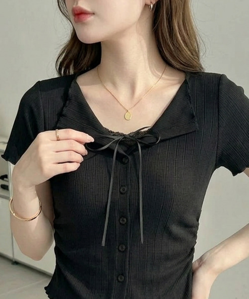 VIVID LADY(ビビッドレディー)の「キャミドッキング カーディガン風トップス(Tシャツ/カットソー・レディース・グレー/ライトブルー/ブラック/アイボリー・FREE)」の22枚目の写真