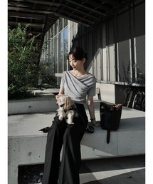 amel | ドレープデザインハーフスリーブトップス | グレー(Tシャツ/カットソー)