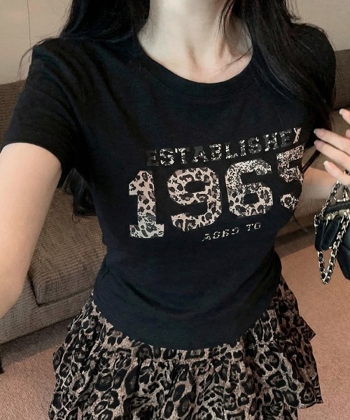 Riff(リフ)の「レオパード柄ナンバープリントTシャツ(Tシャツ/カットソー・レディース・ブラック/ホワイト・FREE)」の1枚目の写真