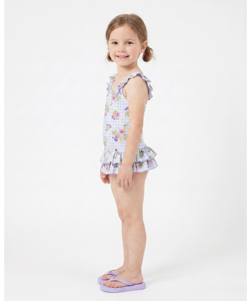 HAKKA KIDS（ハッカキッズ）の「フラワーMIX／チェックフラワープリントスイムワンピース（UVカット）（水着・キッズ・サックスブルー/ピンク・S/M）」の8枚目の写真