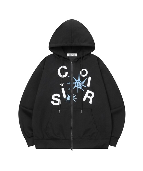 COIRIS(コイリス)の「ロアパズルロゴフードジップアップ 男女共用(パーカー・レディース・ブラック・1)」の1枚目の写真