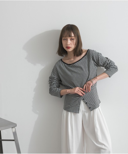 OandI(オーアンドアイ)の「オフショルダーボーダートップス(Tシャツ/カットソー・レディース・ベージュ/グレー・FREE)」の18枚目の写真