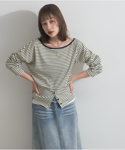 OandI(オーアンドアイ)の「オフショルダーボーダートップス(Tシャツ/カットソー・レディース・ベージュ/グレー・FREE)」の13枚目の写真