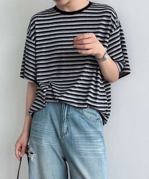 semplice(センプリチェ)の「ボーダー半袖 T シャツ(Tシャツ/カットソー・レディース・ネイビー/ブラック・F)」の7枚目の写真