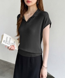 ひんやり涼感 接触冷感 スキッパーネックポロシャツ ポロニット スキッパーポロ ポロシャツ フレンチスリーブ vネック サマーニット 半袖 冷感 無地 オフィスカジュアル 夏 夏服