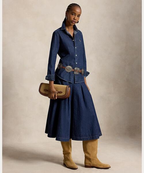 POLO RALPH LAUREN(ポロ ラルフ ローレン)の「プリーテッド デニム ミディ スカート(デニムスカート・レディース・ネイビー系1・0/00)」の1枚目の写真