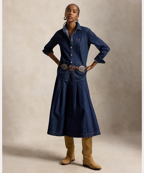 POLO RALPH LAUREN(ポロ ラルフ ローレン)の「プリーテッド デニム ミディ スカート(デニムスカート・レディース・ネイビー系1・0/00)」の8枚目の写真