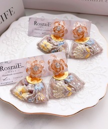 【RosraiE】ガラスフラワー インド刺繍リボン ピアス(MA)