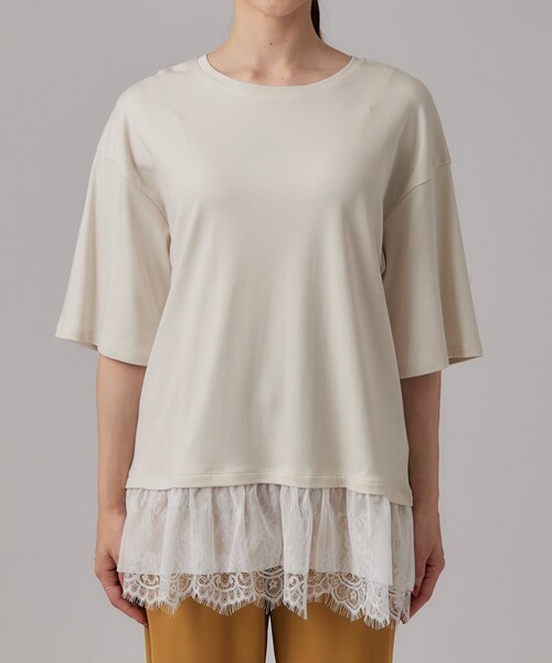 SHOO・LA・RUE(シューラルー)の「【ひんやり/UV/抗菌防臭/S-LL】1枚でサマ見え 裾レースTシャツ(Tシャツ/カットソー・レディース・チャコールグレー/ブラック/ライトベージュ・01/02/03/04)」の16枚目の写真
