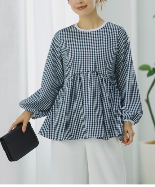 Sono(ソーノ)の「SONO/ソーノ ラウンディングペプラムLSブラウス(シャツ/ブラウス・レディース・ホワイト/ブラック/チェック・F)」の5枚目の写真