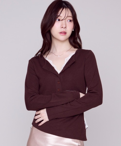 MISCH MASCH(ミッシュマッシュ)の「2026秋冬新作 レースインナーレイヤードニット(ニット/セーター・レディース・ブラウン/アイボリー/ブラック・フリ-)」の3枚目の写真