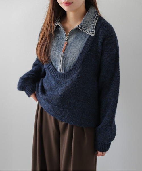 AMELY（エミリー）の「ニット×デニム/レイヤード風プルオーバー/フロントジップ（ニット/セーター・レディース・ブラウン/ブラック/ネイビー/ライトグレー/アイボリー・フリー）」の5枚目の写真