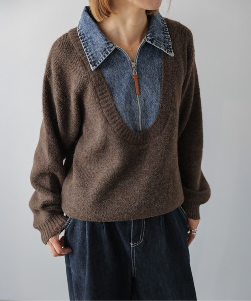AMELY（エミリー）の「ニット×デニム/レイヤード風プルオーバー/フロントジップ（ニット/セーター・レディース・ブラウン/ブラック/ネイビー/ライトグレー/アイボリー・フリー）」の4枚目の写真