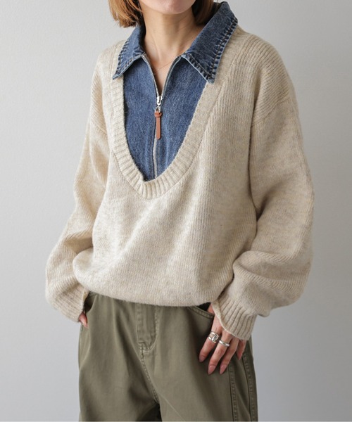 AMELY（エミリー）の「ニット×デニム/レイヤード風プルオーバー/フロントジップ（ニット/セーター・レディース・ブラウン/ブラック/ネイビー/ライトグレー/アイボリー・フリー）」の2枚目の写真