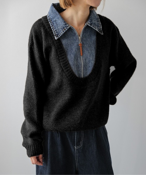 AMELY（エミリー）の「ニット×デニム/レイヤード風プルオーバー/フロントジップ（ニット/セーター・レディース・ブラウン/ブラック/ネイビー/ライトグレー/アイボリー・フリー）」の3枚目の写真