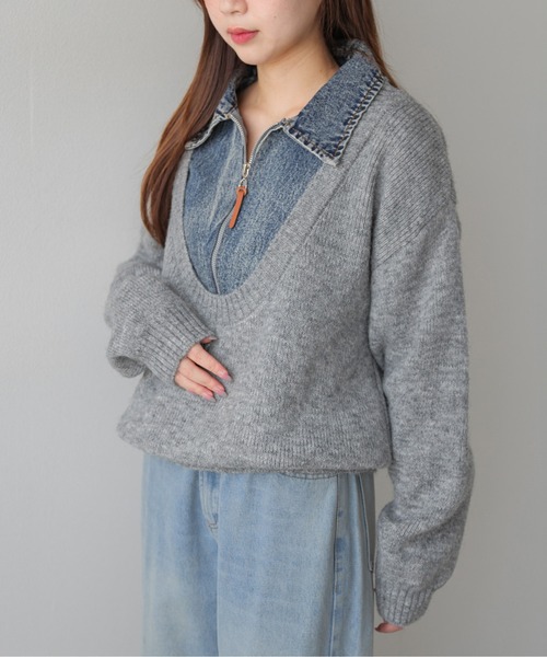 AMELY（エミリー）の「ニット×デニム/レイヤード風プルオーバー/フロントジップ（ニット/セーター・レディース・ブラウン/ブラック/ネイビー/ライトグレー/アイボリー・フリー）」の21枚目の写真