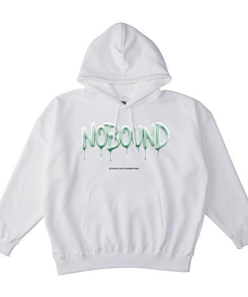 NOBOUND(ノーバウンド)の「NOBOUND(ノーバウンド) プルパーカー メンズ レディース ユニセックス スウェット メルティングロゴ プリント ビッグシルエット プルオーバーパーカー フーディー トップス ストリート カジュアル(パーカー・メンズ・ヘザーグレー/ブラック/ホワイト/ダークブルー・XL/L/M)」の2枚目の写真