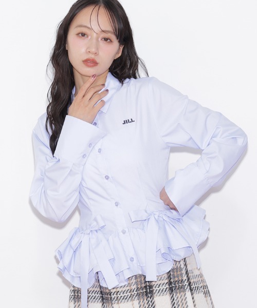 JILL by JILL STUART(ジルバイジルスチュアート)の「裾ラッフルシャツ(シャツ/ブラウス・レディース・ネイビー系1/ホワイト/ブルー・FREE)」の3枚目の写真