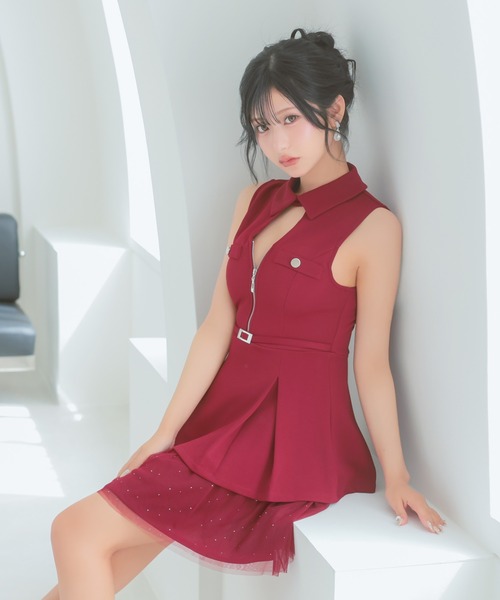 Tika(ティカ)の「キャバドレス ミニ フレア ノースリーブ チュール ティアード プリーツ 襟つき フロントファスナー ドレス キャバワンピ(ドレス・レディース・ワインレッド/ブラック・XL/L)」の2枚目の写真