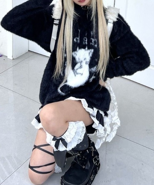 SHERU（シェル）の「デビルキャット柄 ダメージシャギーオーバーニット（ニット/セーター・レディース・ホワイト/ブラック・M）」の15枚目の写真