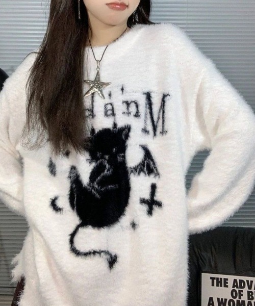 SHERU（シェル）の「デビルキャット柄 ダメージシャギーオーバーニット（ニット/セーター・レディース・ホワイト/ブラック・M）」の18枚目の写真