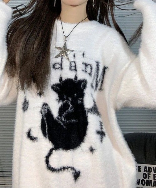 SHERU（シェル）の「デビルキャット柄 ダメージシャギーオーバーニット（ニット/セーター・レディース・ホワイト/ブラック・M）」の19枚目の写真