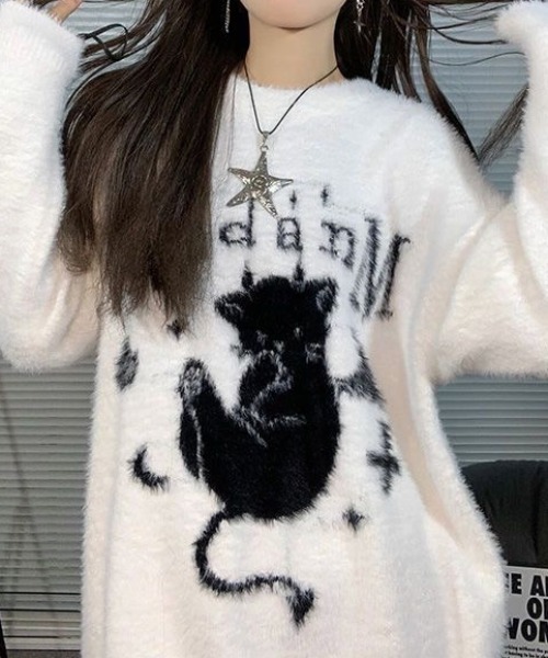 SHERU（シェル）の「デビルキャット柄 ダメージシャギーオーバーニット（ニット/セーター・レディース・ホワイト/ブラック・M）」の22枚目の写真