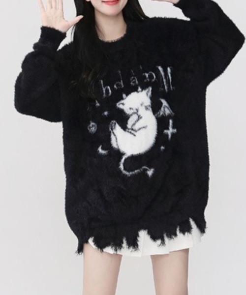 SHERU（シェル）の「デビルキャット柄 ダメージシャギーオーバーニット（ニット/セーター・レディース・ホワイト/ブラック・M）」の10枚目の写真