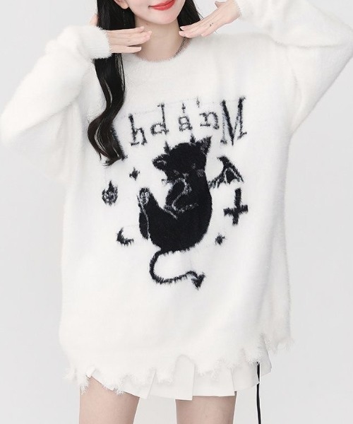 SHERU（シェル）の「デビルキャット柄 ダメージシャギーオーバーニット（ニット/セーター・レディース・ホワイト/ブラック・M）」の11枚目の写真