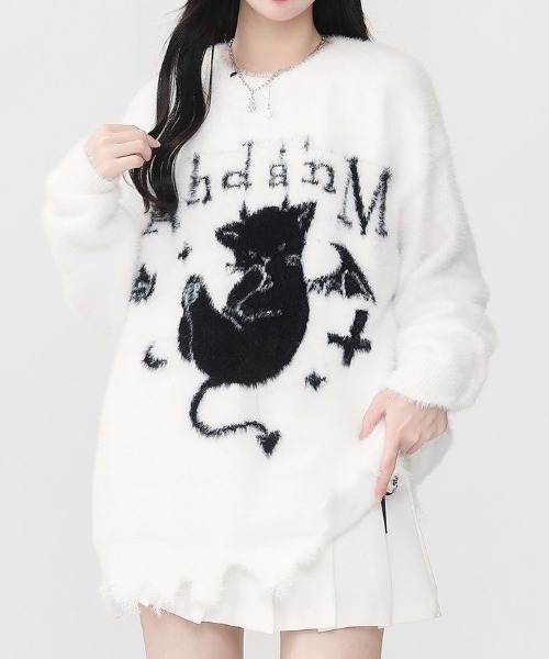 SHERU（シェル）の「デビルキャット柄 ダメージシャギーオーバーニット（ニット/セーター・レディース・ホワイト/ブラック・M）」の12枚目の写真