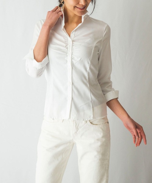NARACAMICIE(ナラカミーチェ)の「コットンツイルスタンドカラー七分袖シャツ(シャツ/ブラウス・レディース・ホワイト/ブルー/グレー・LARGE/MEDIUM/SMALL)」の1枚目の写真