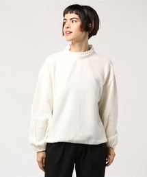 カットコール天バルーンスリーブフリルネックトップス