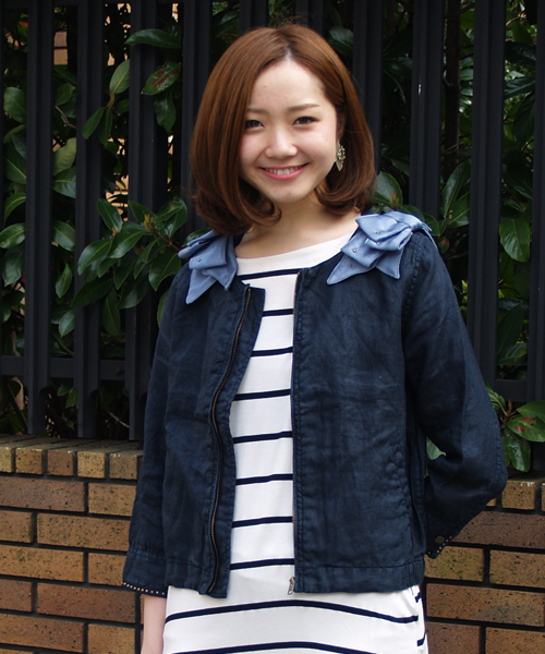 Another Edition（アナザーエディション）の「AE LINEN RIBBON BLSN ◆（ブルゾン・レディース・ベージュ/ネイビー・SMALL/MEDIUM）」の2枚目の写真