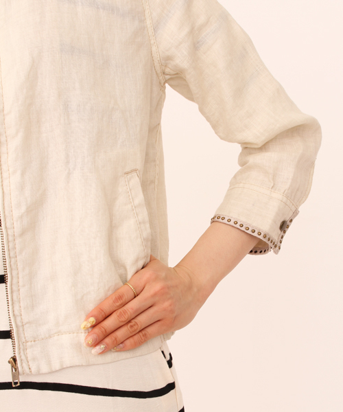 Another Edition（アナザーエディション）の「AE LINEN RIBBON BLSN ◆（ブルゾン・レディース・ベージュ/ネイビー・SMALL/MEDIUM）」の11枚目の写真