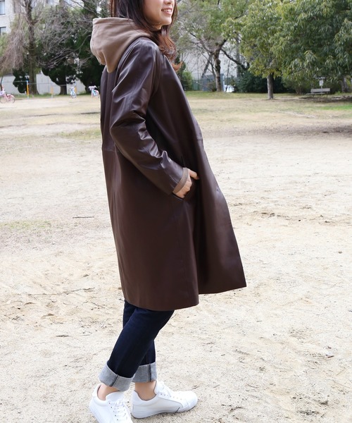 sankyo shokai(サンキョウショウカイ)の「ラムレザーノーカラーコートライナー付き(ノーカラーコート・レディース・ブラック/ライトベージュ/ボルドー・11号/9号/13号/7号/15号)」の3枚目の写真
