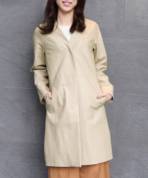 sankyo shokai(サンキョウショウカイ)の「ラムレザーノーカラーコートライナー付き(ノーカラーコート・レディース・ブラック/ライトベージュ/ボルドー・11号/9号/13号/7号/15号)」の6枚目の写真