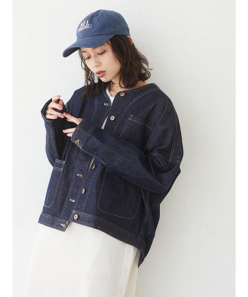 Green　Parks（グリーンパークス）の「ノーカラーカバーオールジャケット＊（ノーカラージャケット・レディース・ネイビー/ナチュラル・FREE）」の5枚目の写真