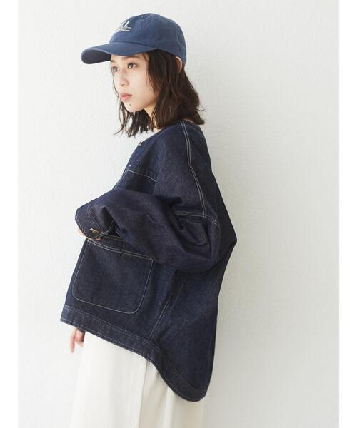 Green　Parks（グリーンパークス）の「ノーカラーカバーオールジャケット＊（ノーカラージャケット・レディース・ネイビー/ナチュラル・FREE）」の3枚目の写真