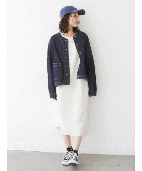 Green　Parks（グリーンパークス）の「ノーカラーカバーオールジャケット＊（ノーカラージャケット・レディース・ネイビー/ナチュラル・FREE）」の8枚目の写真