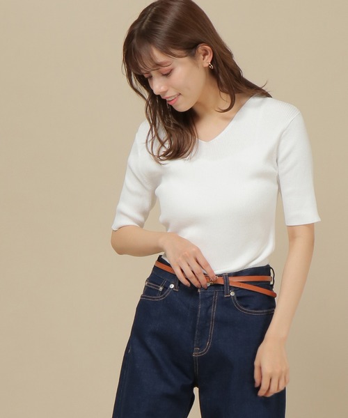 IKKA LOUNGE(イッカラウンジ)の「5分袖リブニットプルオーバー(ニット/セーター・レディース・ブラック/オフホワイト/ローズ・M/L)」の1枚目の写真