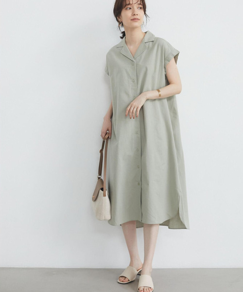 Green　Parks（グリーンパークス）の「ベルギーリネンブレンド　開襟ワンピース＊（ワンピース・レディース・オフホワイト/イエロー/カーキ・FREE）」の2枚目の写真