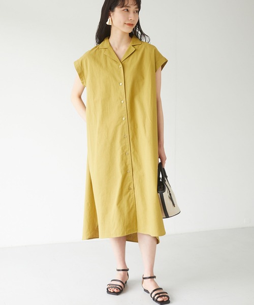 Green　Parks（グリーンパークス）の「ベルギーリネンブレンド　開襟ワンピース＊（ワンピース・レディース・オフホワイト/イエロー/カーキ・FREE）」の3枚目の写真