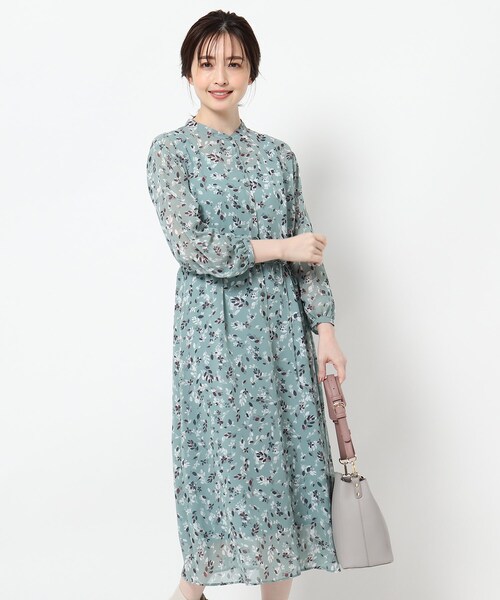 美品 Reflect バンドカラーボタニカルワンピース Reflect(リフレクト) 【洗える】バンドカラーボタニカル
