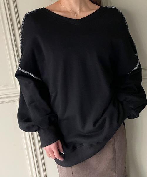 JUNOAH（ジュノア）の「前後2WAYリボンスウェットトップス（スウェット・レディース・ブラック/ベージュ/ブラウン/グレー/ブルー/ホワイト系その他/ピンク系その他/テラコッタ・FREE）」の3枚目の写真