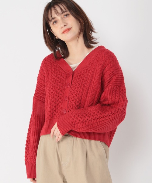 studio CLIP（スタディオクリップ）の「5ゲージパッチワークカーディガン（カーディガン/ボレロ・レディース・モカ/オフホワイト/レッド/ブラック・MEDIUM/LARGE）」の4枚目の写真