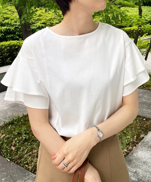 OPAQUE.CLIP（オペークドットクリップ）の「◆アイスクリアコットン ペタルスリーブカットソー【WEB限定サイズ】（Tシャツ/カットソー・レディース・ホワイト系/ブラック/マスタード/ブラウン系その他・36/38/40/42）」の2枚目の写真