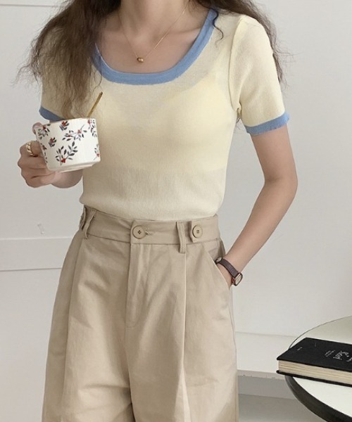 Vipoa（ヴィポア）の「バイカラークロップドニットトップス（Tシャツ/カットソー・レディース・ホワイト/ブラック/ピンク/アイボリー/ライトイエロー/ブルー・FREE）」の5枚目の写真