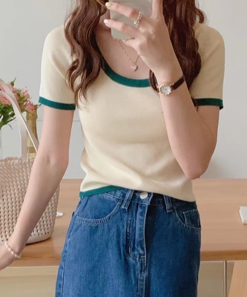Vipoa（ヴィポア）の「バイカラークロップドニットトップス（Tシャツ/カットソー・レディース・ホワイト/ブラック/ピンク/アイボリー/ライトイエロー/ブルー・FREE）」の3枚目の写真